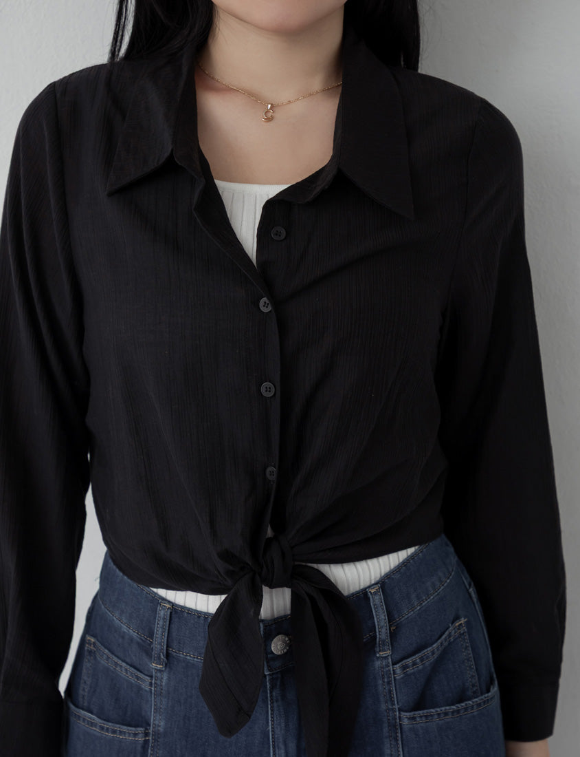 Tencel Silky Sheer Crinkle Tie-Front Plus Size Shirt