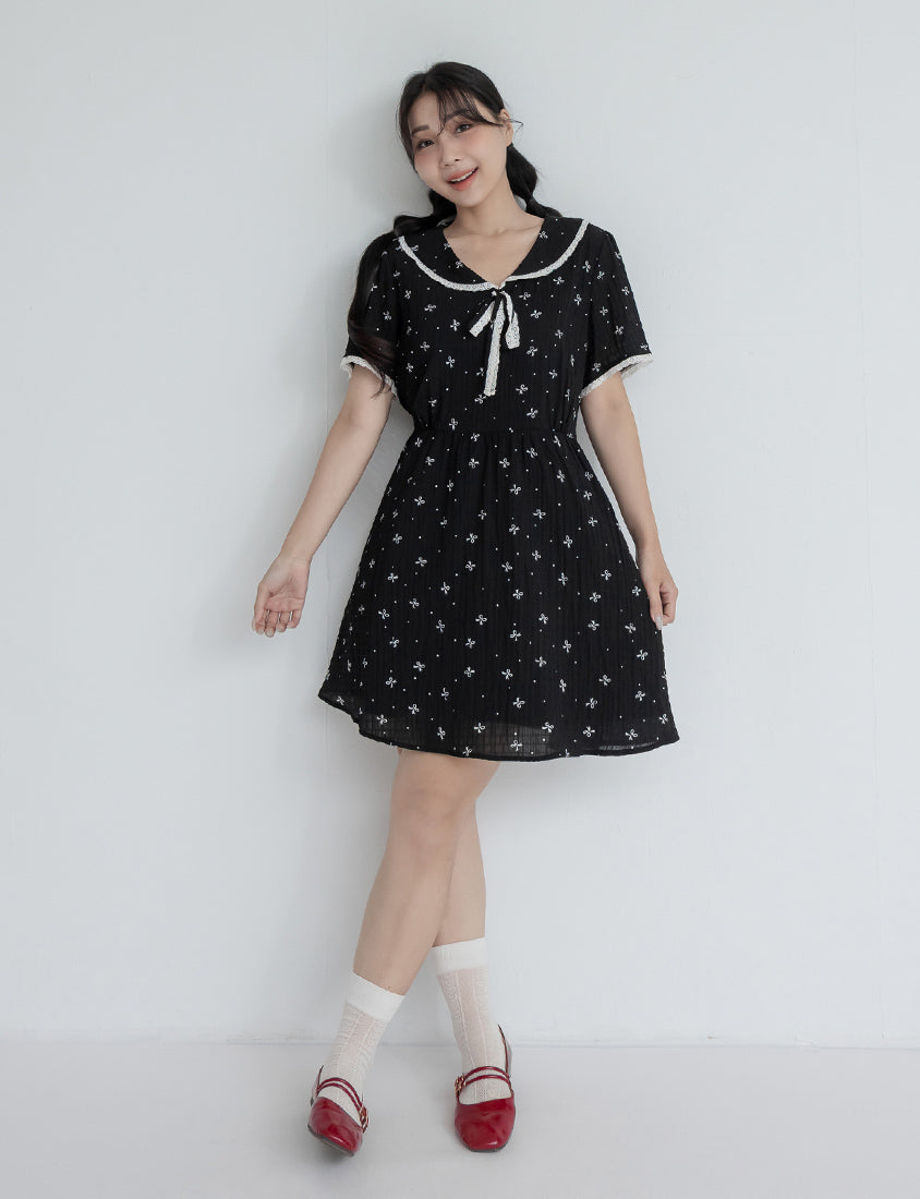 All-Over Bow Collared Plus Size Mini Dress