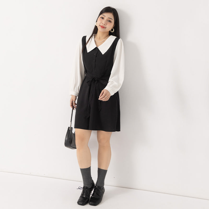 MISS. Faux Two Piece Chiffon Plus Size Long Sleeve Dress (With Waist Tie)
