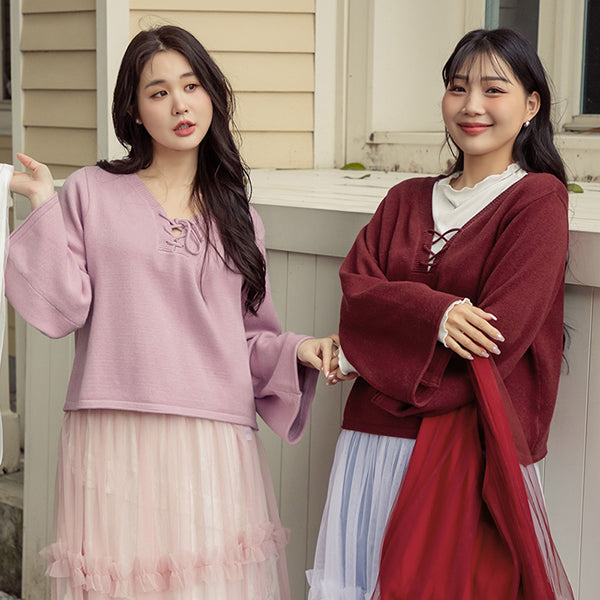V-Neck Tie Flare Sleeve Plus Size Knit Top
