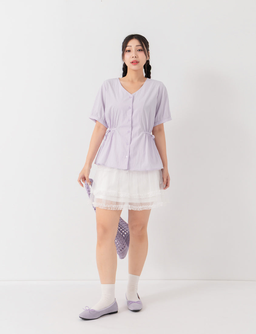 V-Neck Button Front Tie Waist Plus Size Top