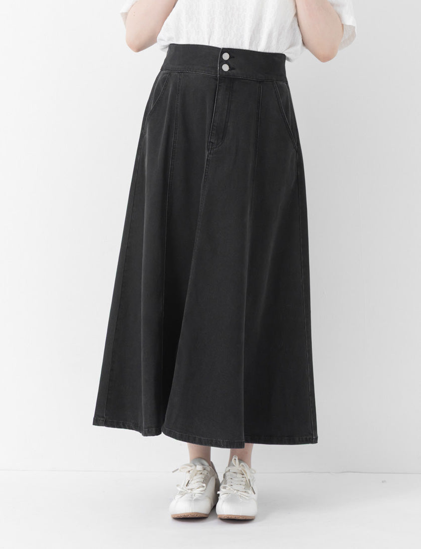 Lightweight Tencel Silky Denim Double Button Flare Plus Size Maxi Skirt