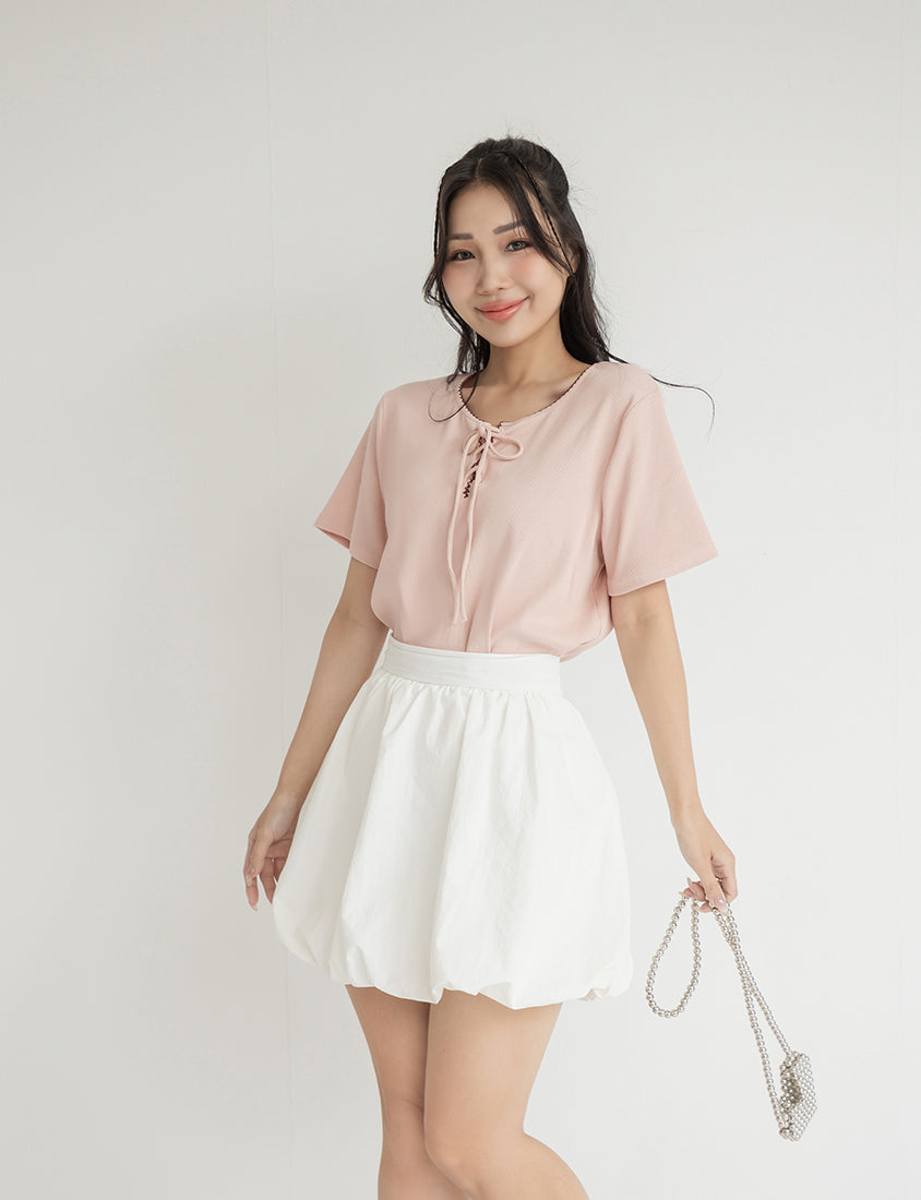 Ruffle Trim Ribbed Tie Front Short Sleeve Plus Size Top