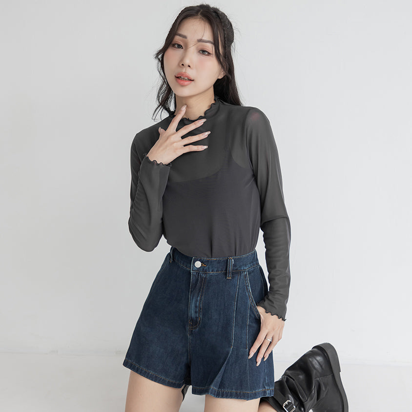 Versatile Ruffle Trim Sheer Long Sleeve Plus Size Top