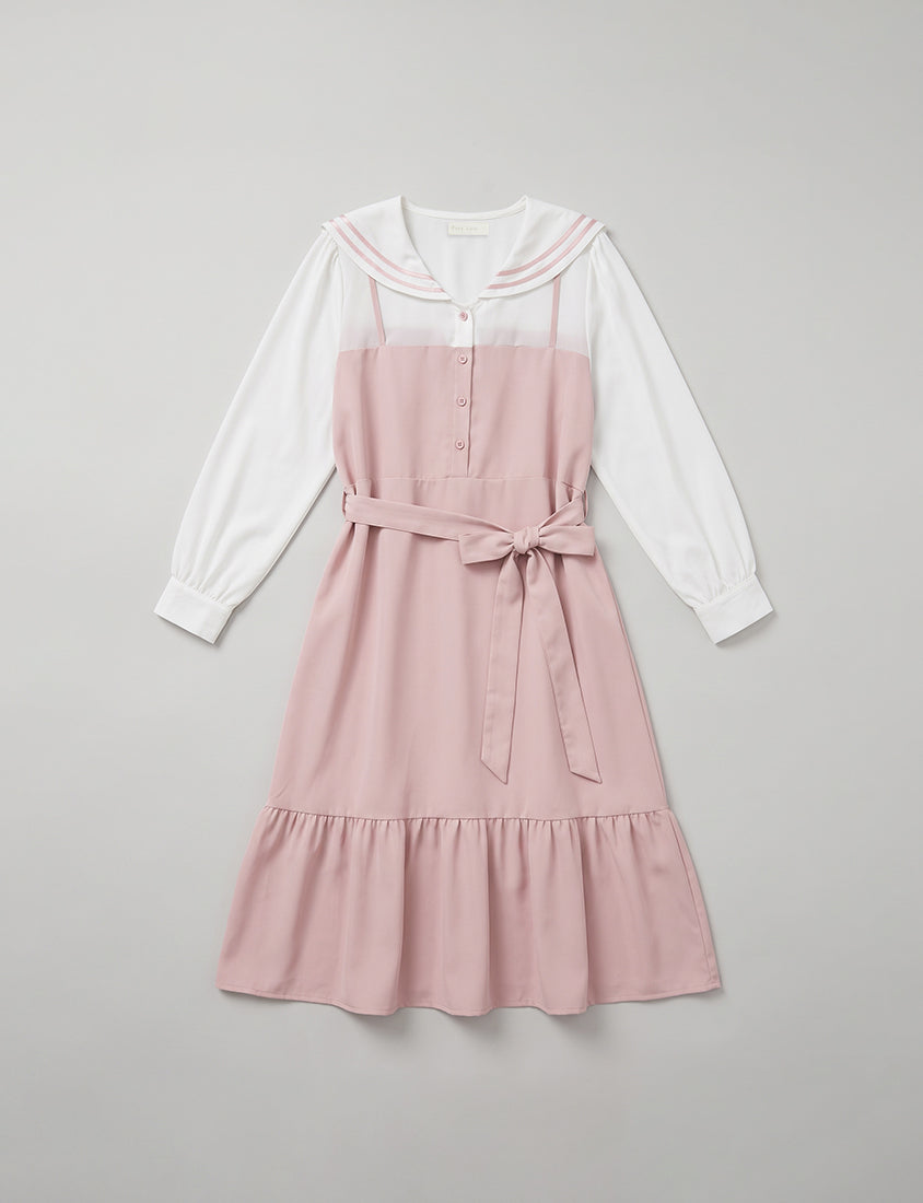 Contrast Sailor Collar Faux Two Piece Plus Size Maxi Dress (With Waist Tie)