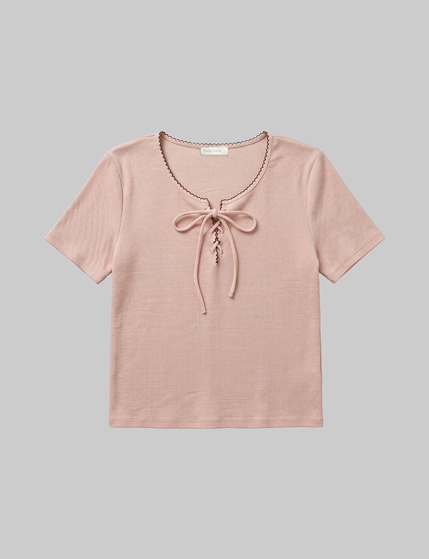 Ruffle Trim Ribbed Tie Front Short Sleeve Plus Size Top