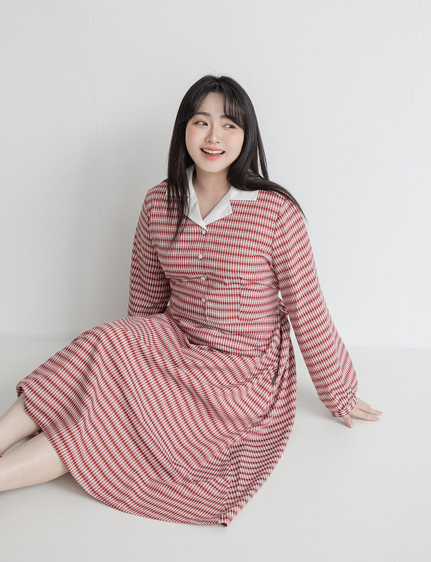 Contrast Cuban Collar Vintage Plaid Plus Size Maxi Dress
