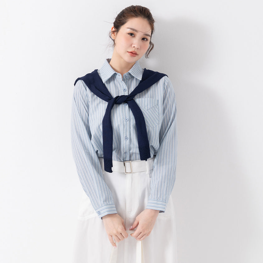 Contrast Stripe Long Sleeve Plus Size Shirt (With Shawl)