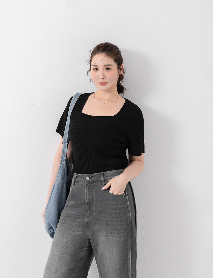 Classic Multicolor Square Neck Ribbed Knit Plus Size Top