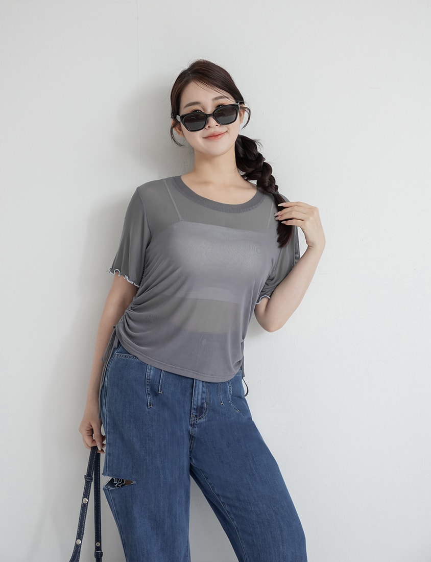 Side Drawstring Sheer Ruffle Sleeve Plus Size Top