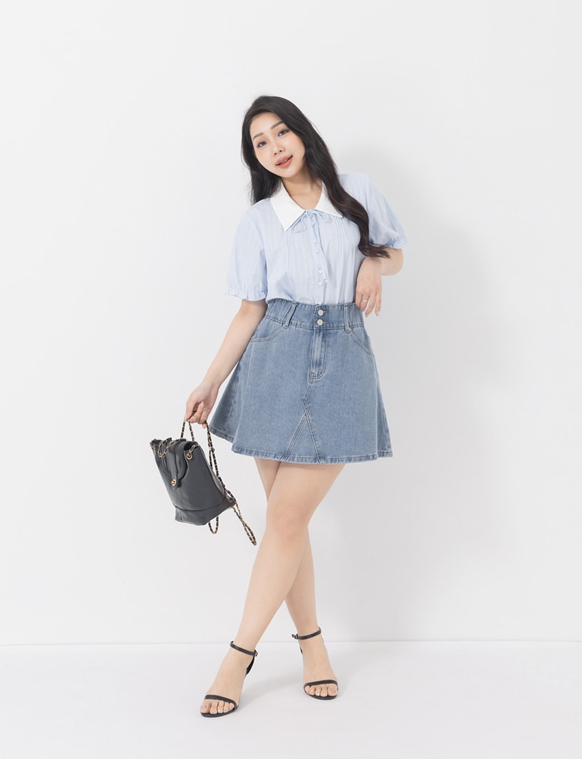 Sweet Pleated Collar Tie-Front Puff Sleeve Plus Size Shirt