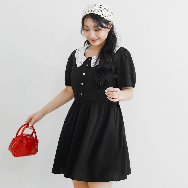 Lace Large-Collar Puff Sleeve Plus Size Mini Dress