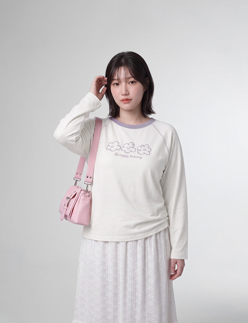 Contrast Floral Puff Print Long-Sleeve Plus Size Tee