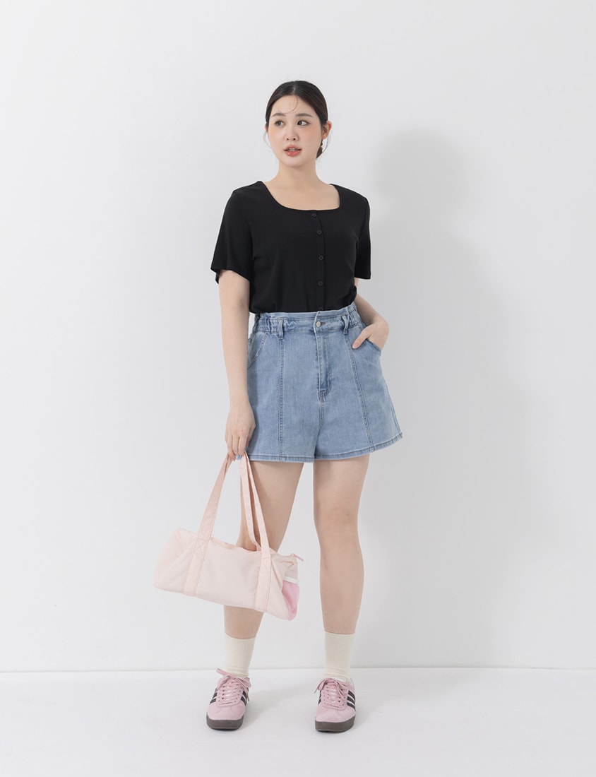Playful Bubble Hem Stitch Plus Size Denim Shorts