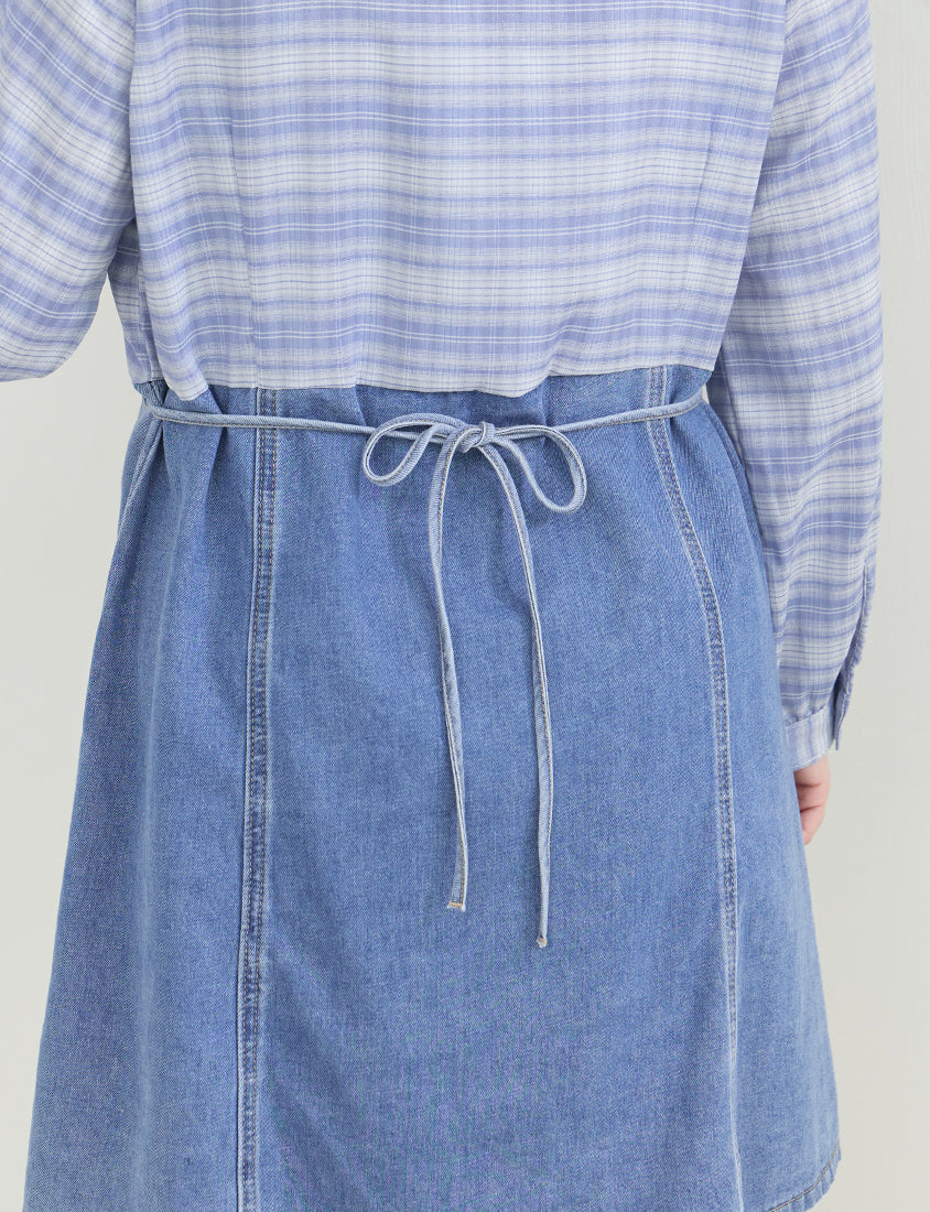 Vintage Plaid Faux Two-Piece Denim Plus Size Mini Dress