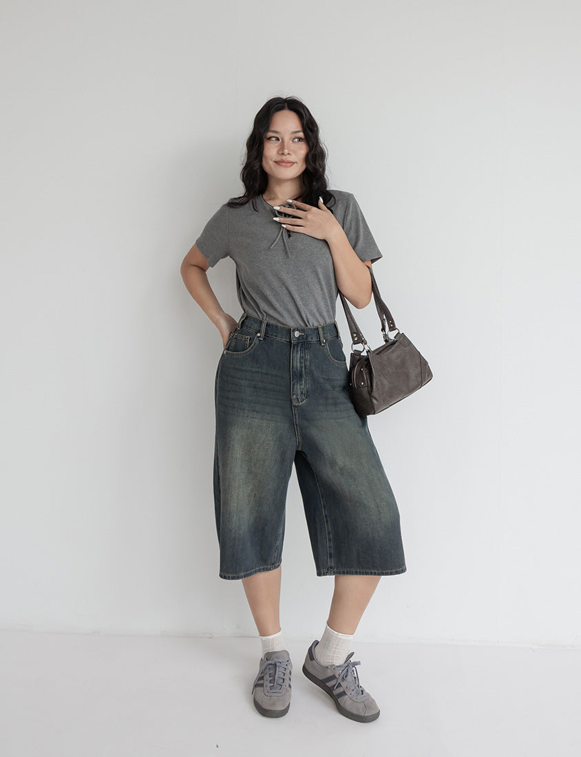 Ruffle Trim Ribbed Tie Front Short Sleeve Plus Size Top