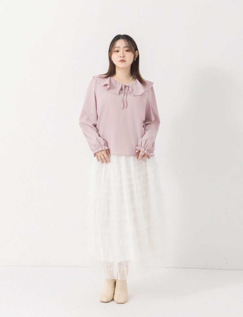 MISS. Soft Ruffle Collar Plus Size Puff Sleeve Top