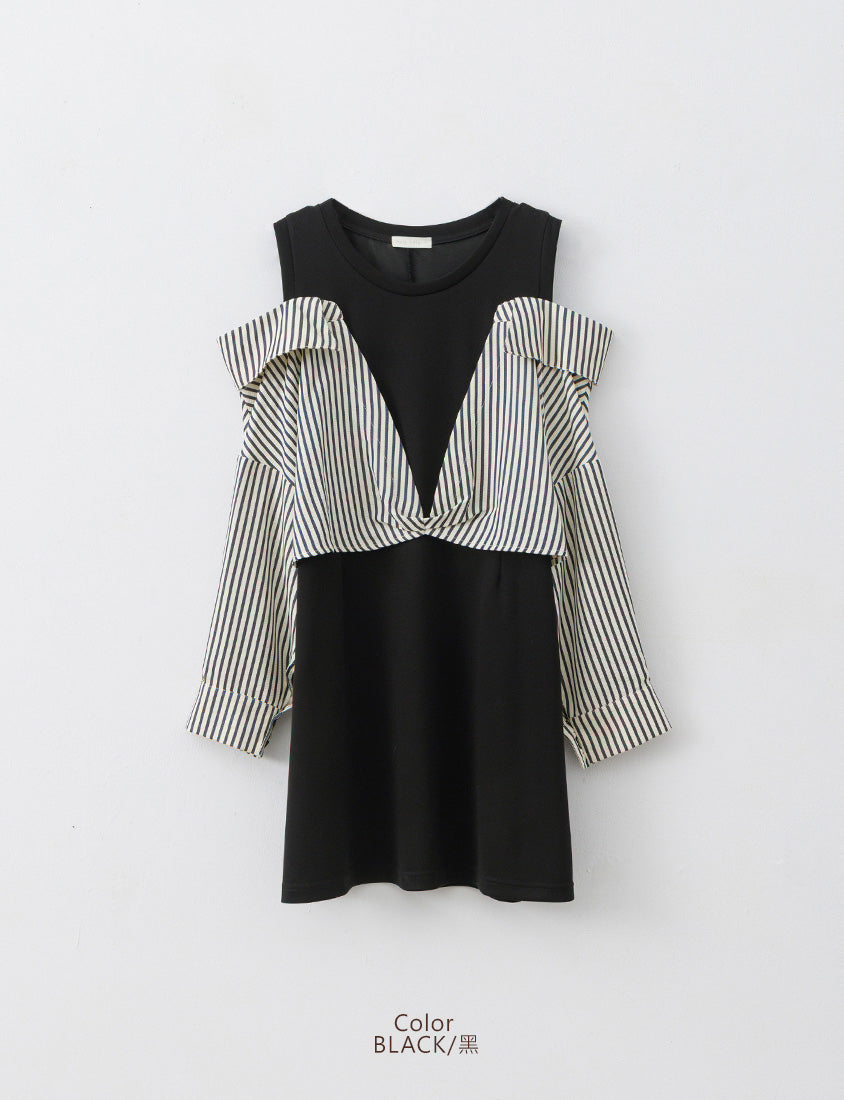 Faux Two Piece Cloud Cotton Contrast Stripe Plus Size Dress