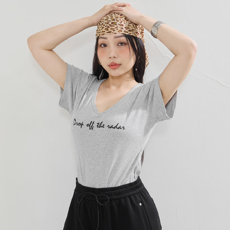 MUA! V-Neck Printed Ribbed Plus Size Top