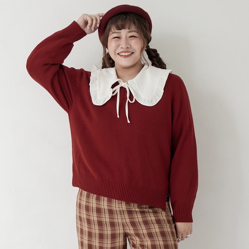 Soft Stretch Warm Multicolor V-Neck Plus Size Long Sleeve Knit Top