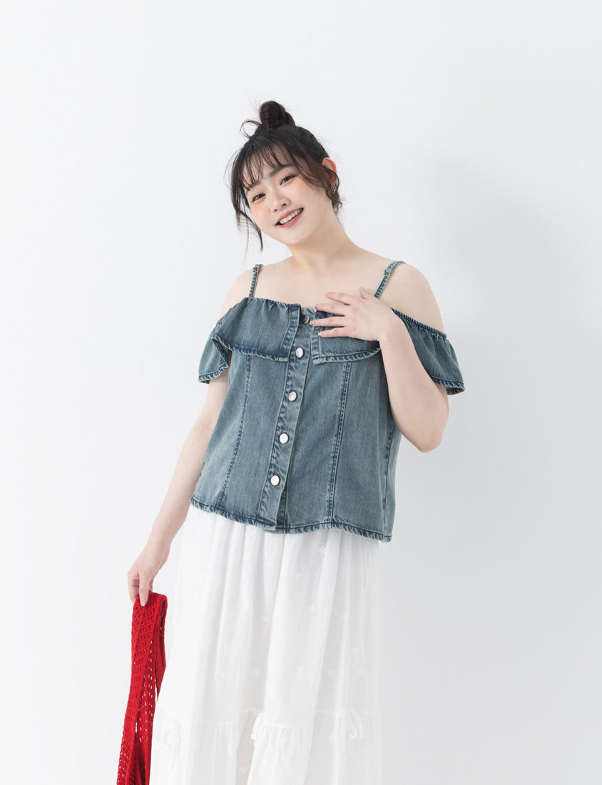 Tencel Silky Denim Ruffle Plus Size Off-Shoulder Top