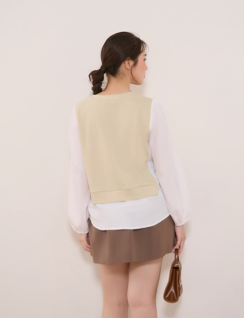 Crewneck Puff Sleeve Faux Two Piece Plus Size Long Sleeve Top
