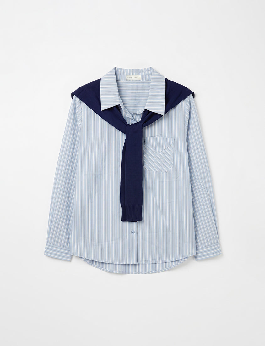 Contrast Stripe Long Sleeve Plus Size Shirt (With Shawl)
