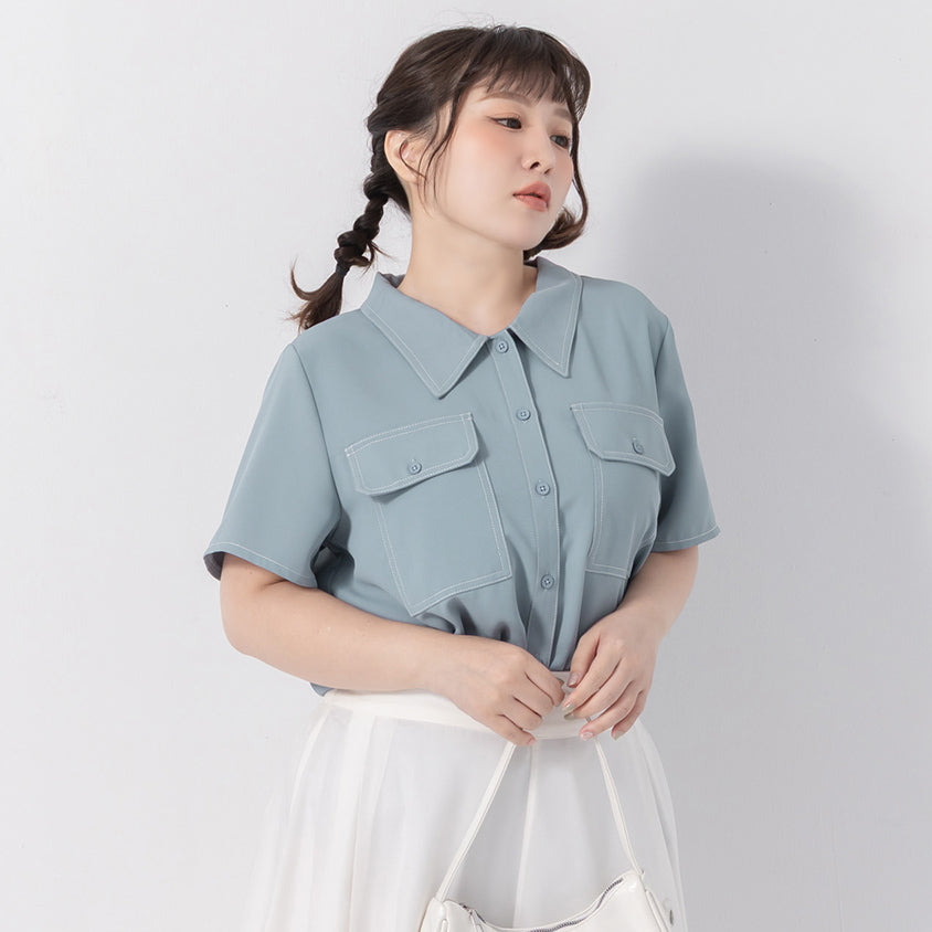 Contrast Stitch Lightweight Utility Chiffon Plus Size Shirt