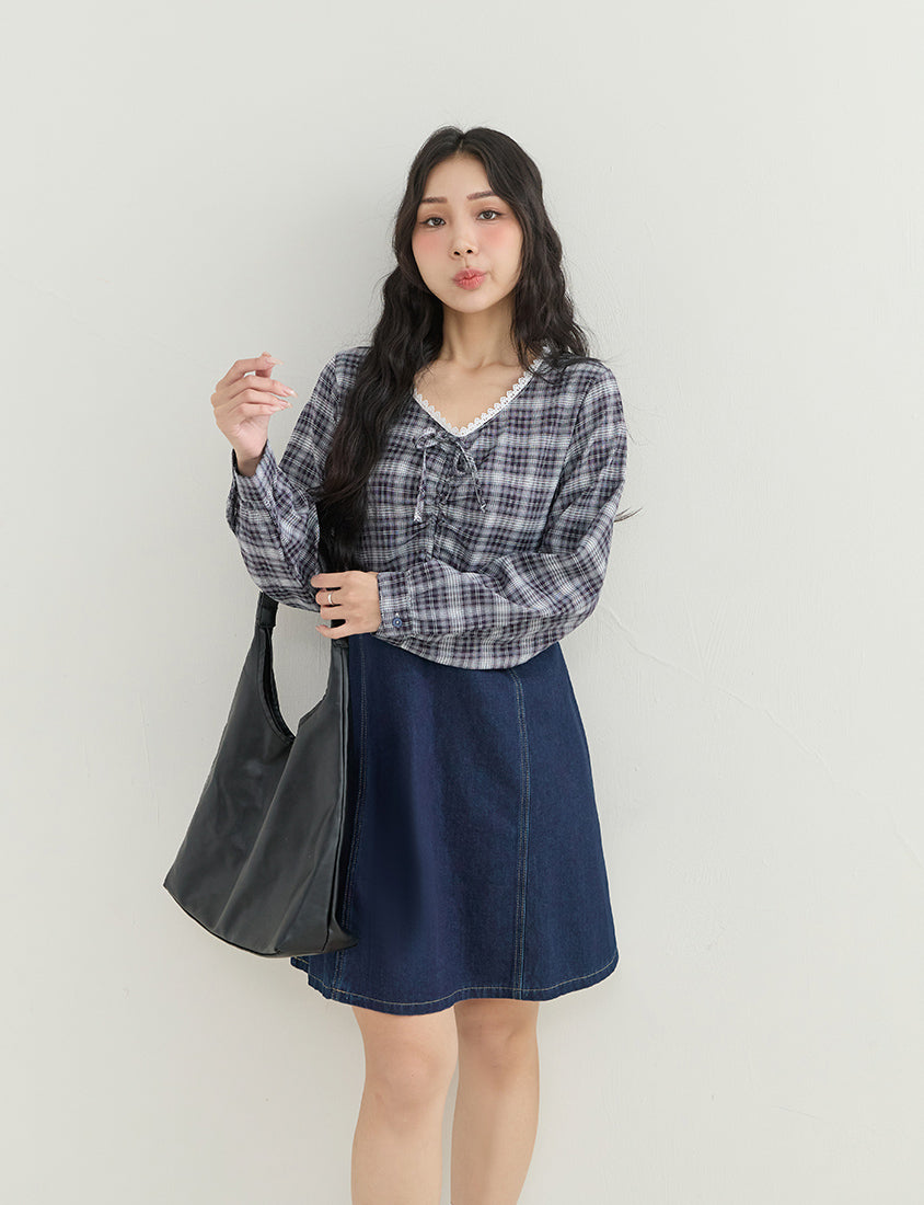 Vintage Plaid Faux Two-Piece Denim Plus Size Mini Dress