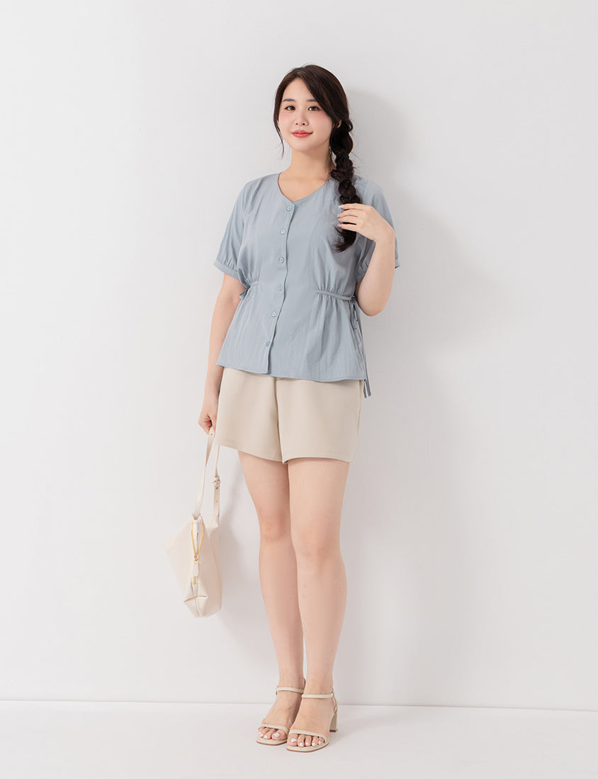 V-Neck Button Front Tie Waist Plus Size Top