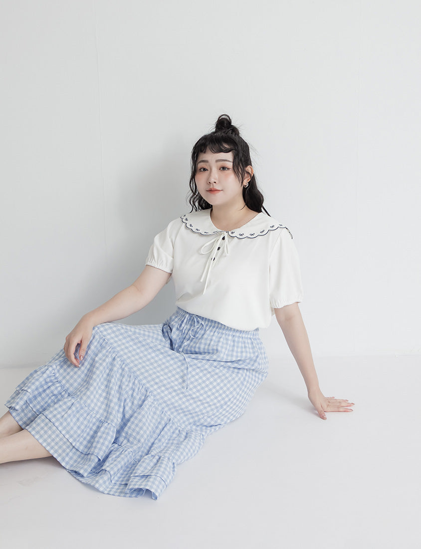 Cute Bow Embroidered Collared Plus Size Top