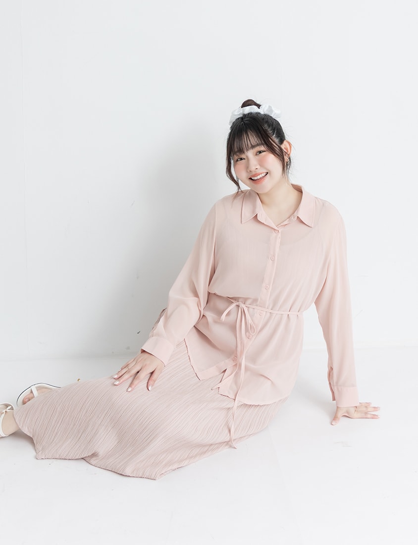 Sheer Shirt With Strap Dress Plus Size Set (With Waist Tie)