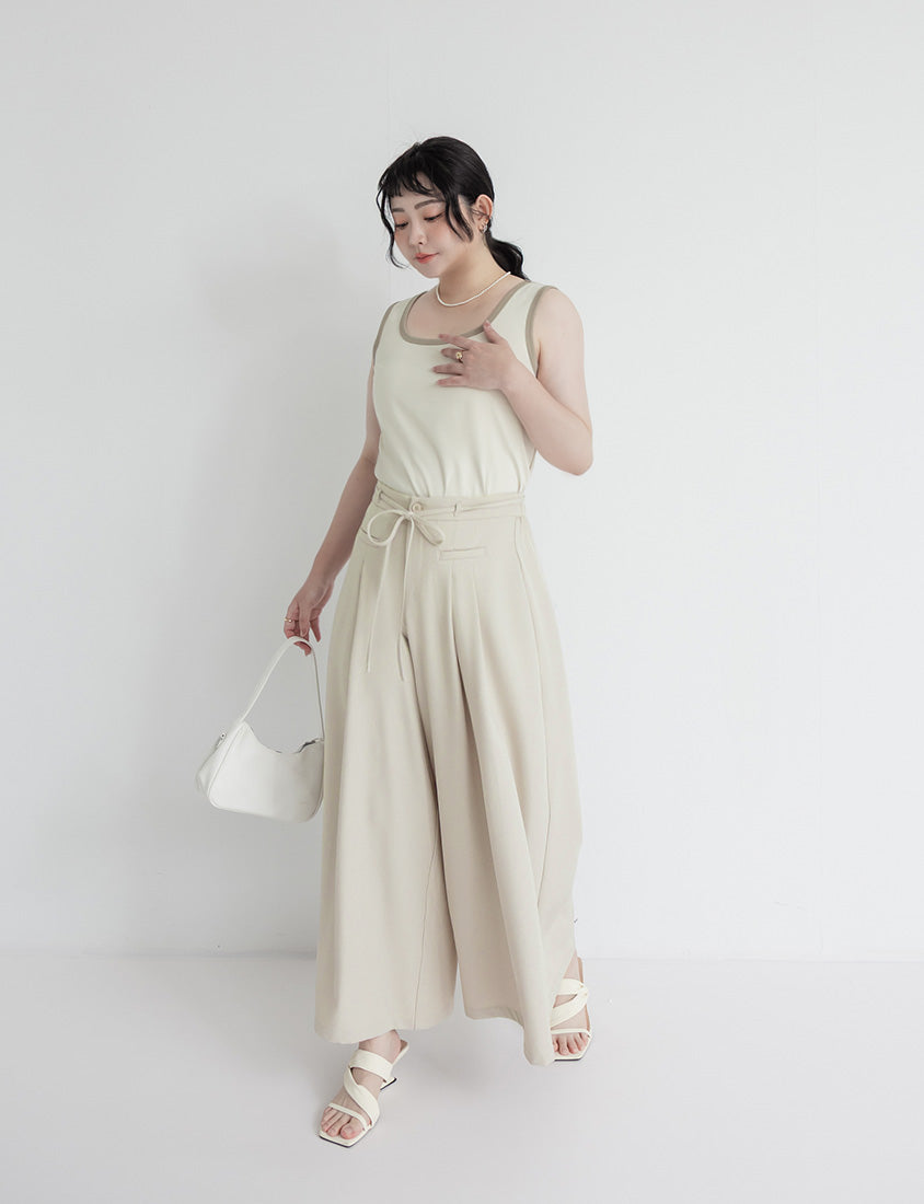 MISS. Pleated Cropped Plus Size Wide Leg Pants (With Waist Tie)