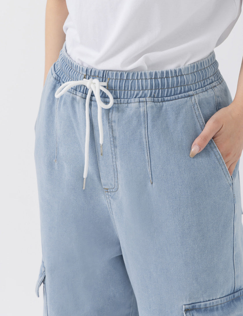Washed Elastic Waist Plus Size Denim Cargo Pants