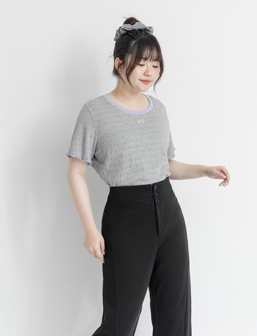 Bow Embroidery Ruffle Crinkle Plus Size Top
