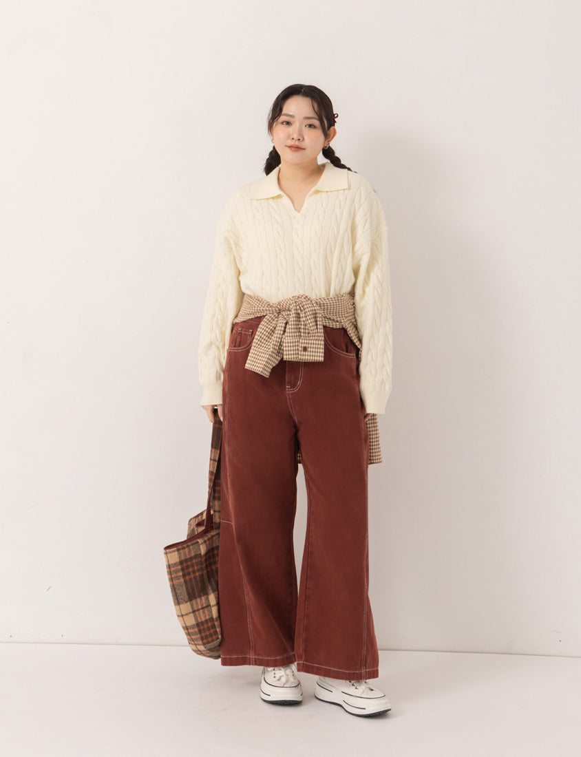 Versatile Twill Colorblock Topstitched Plus Size Straight Wide Pants (Unisex)