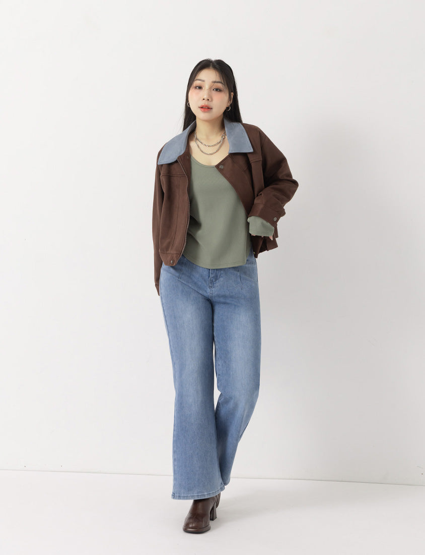 MUA! U-Neck Ribbed Curved Hem Plus Size Long Sleeve Top