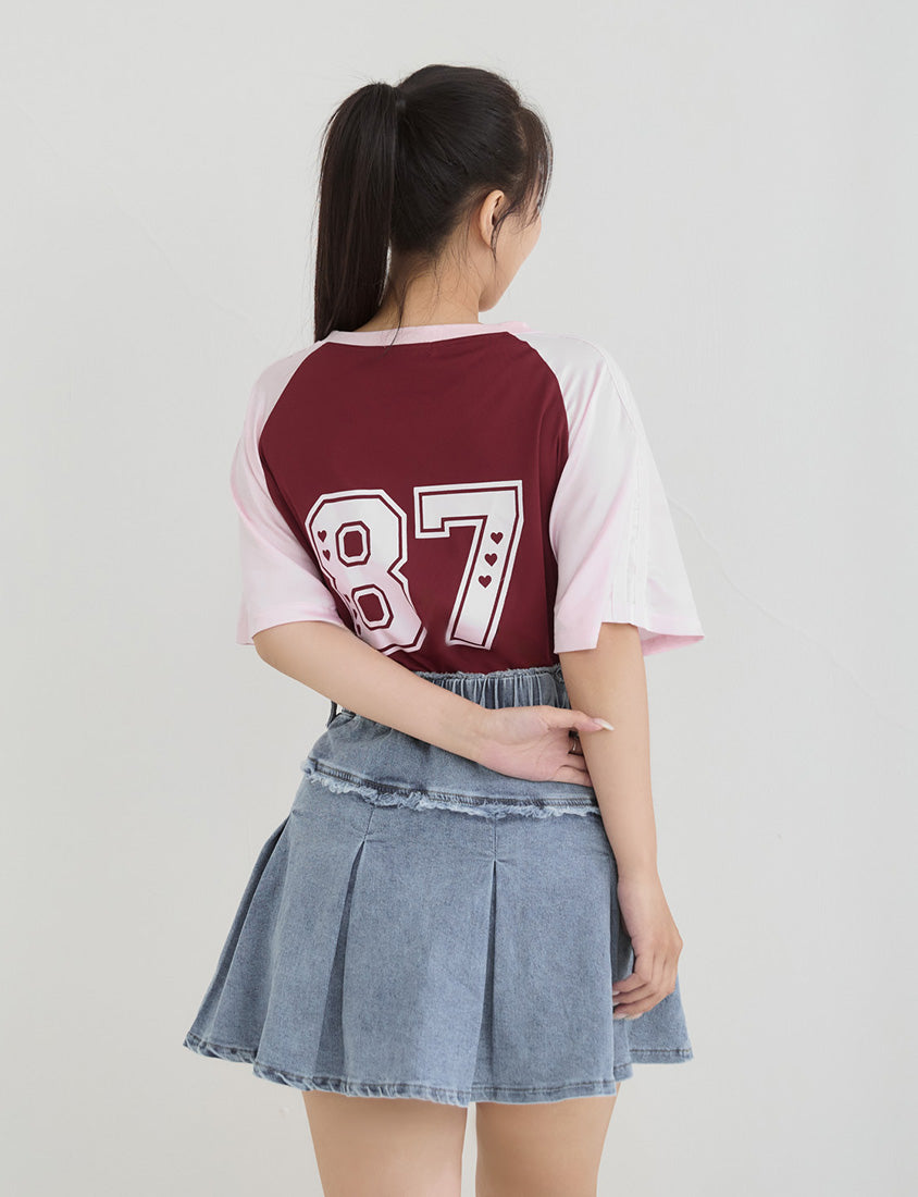 American Style Contrast V-Neck Oversized Jersey Plus Size Tee