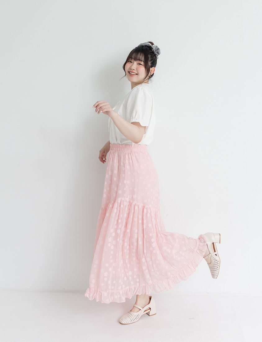Japanese Floral Jacquard Tiered Plus Size Maxi Skirt