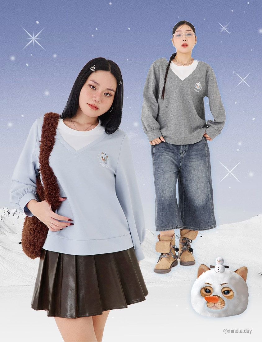 Snowball Cover Cat Faux Layered Plus Size Cloud Cotton Top (Unisex) (MIND.A.DAY Collaboration)