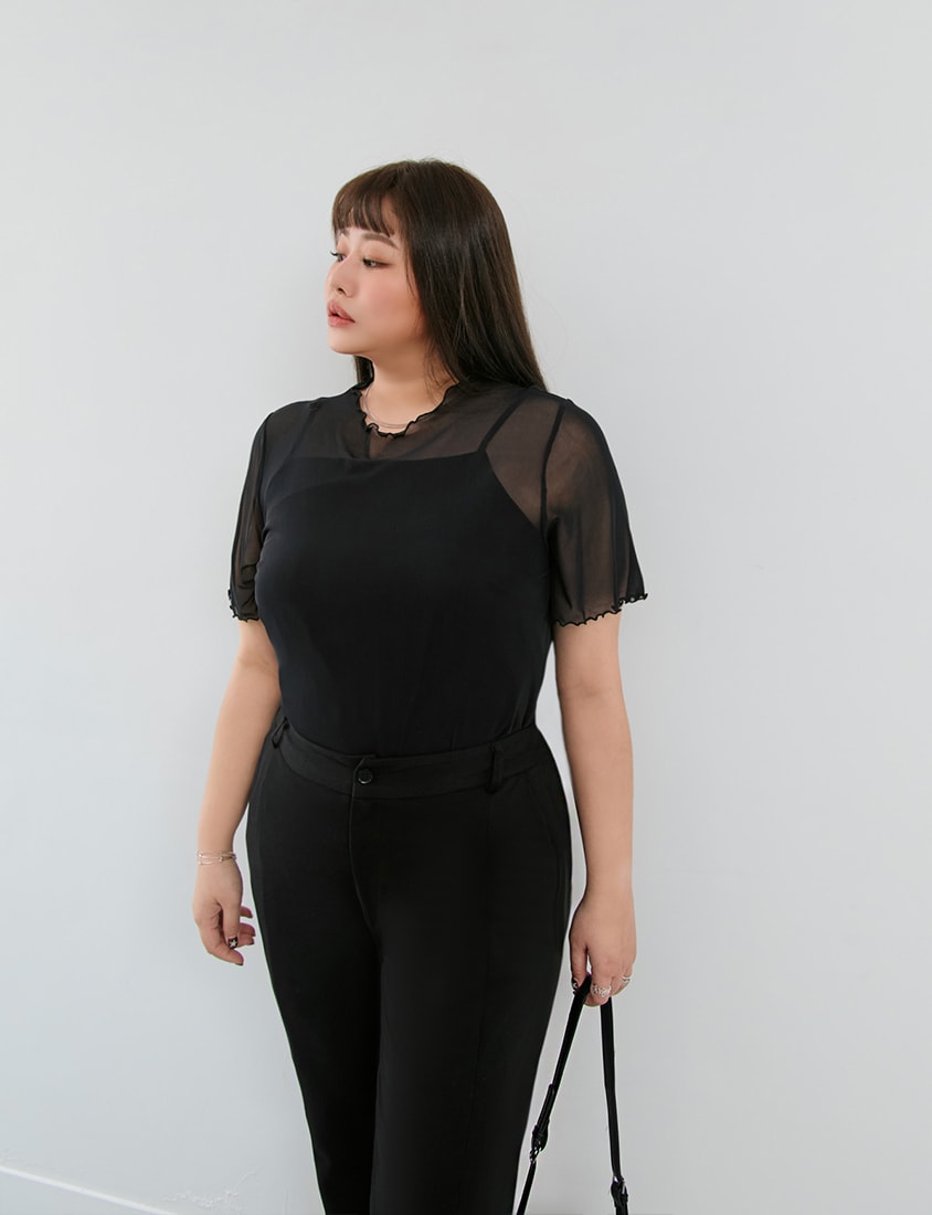 MISS. Ruffle Trim Sheer Plus Size Short Sleeve Top