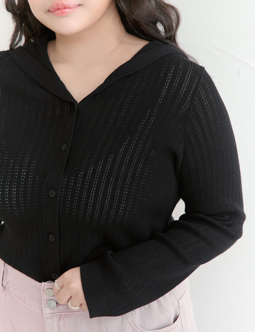 Openwork Knit Hooded Button-Up Plus Size Long Sleeve Cardigan