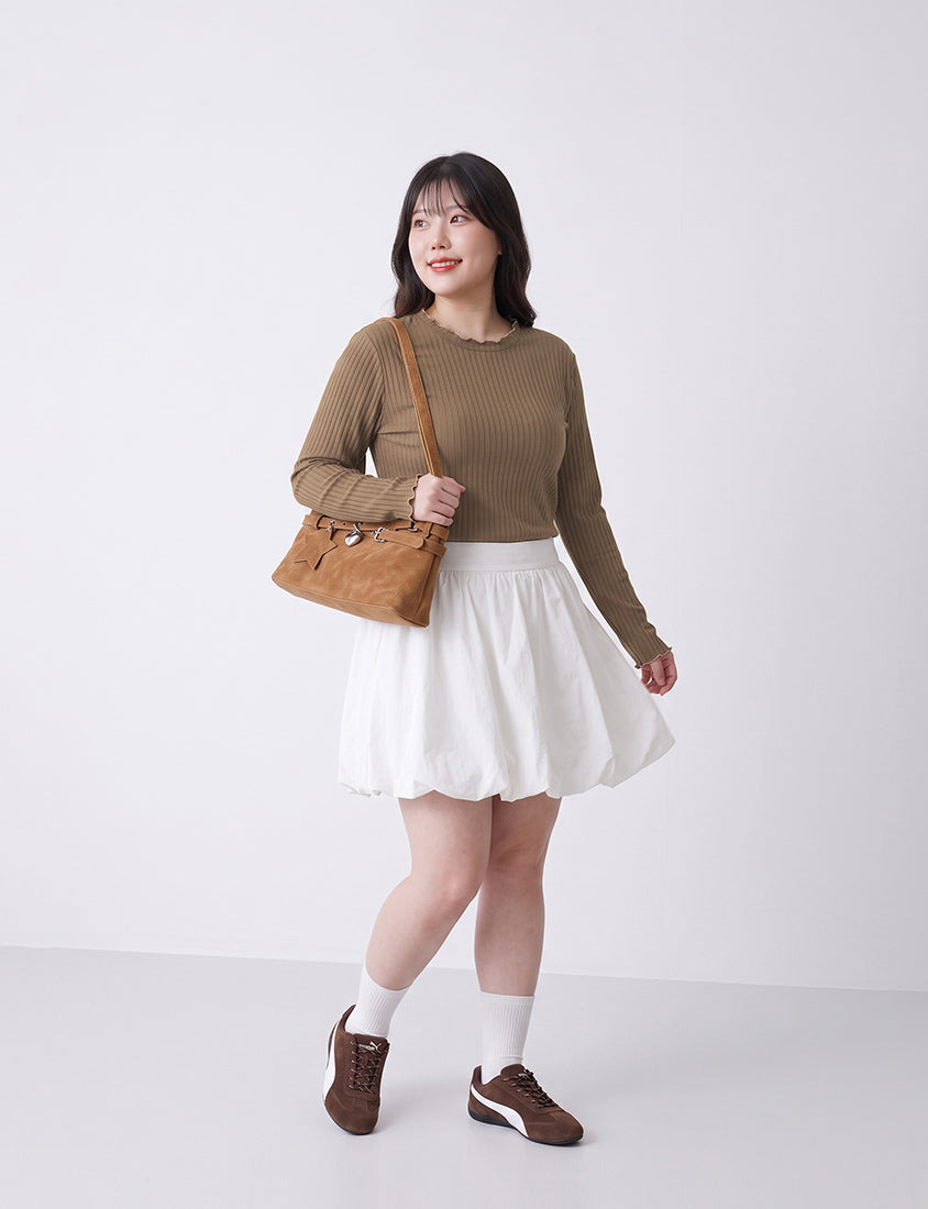 Soft Wide Ribbed Ruffle-Trim Long Sleeve Plus Size Top