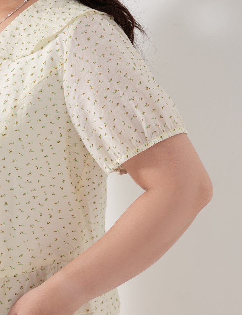 Fresh Floral Collared Cinched Waist Plus Size Blouse