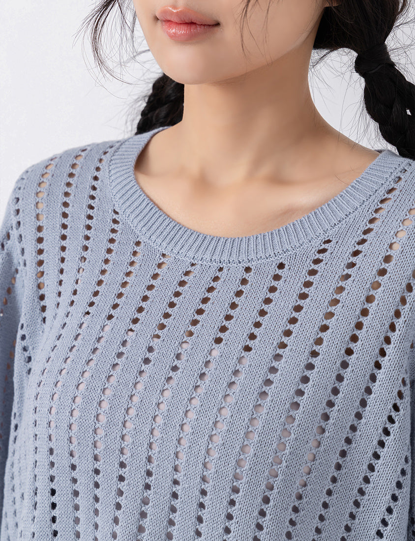 Crew Neck Openwork Ribbed Knit Long Sleeve Plus Size Top