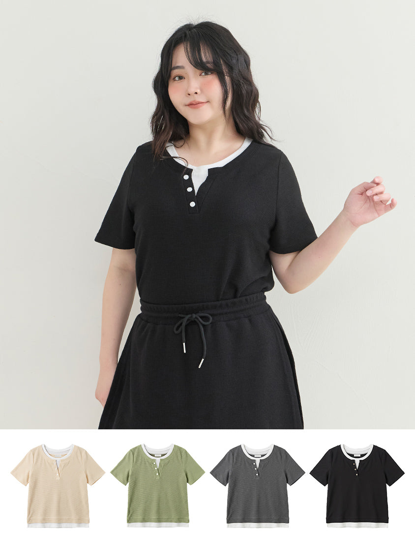 Waffle Knit Faux Two-Piece Plus Size Top
