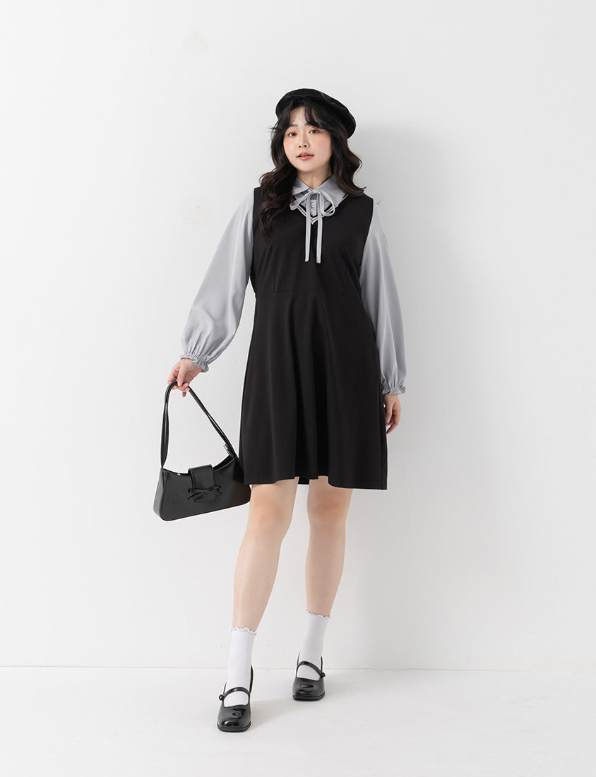 Preppy Contrast Color Faux Two-Piece Plus Size Mini Dress (With Tie)
