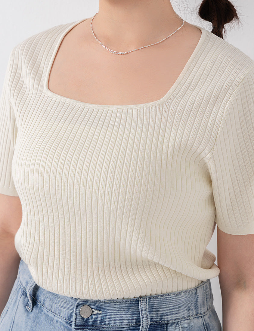 Classic Multicolor Square Neck Ribbed Knit Plus Size Top
