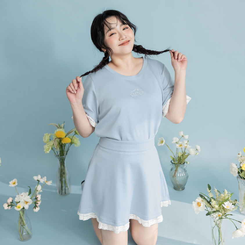 Lace Trim Floral Cloud Cotton Plus Size Tee