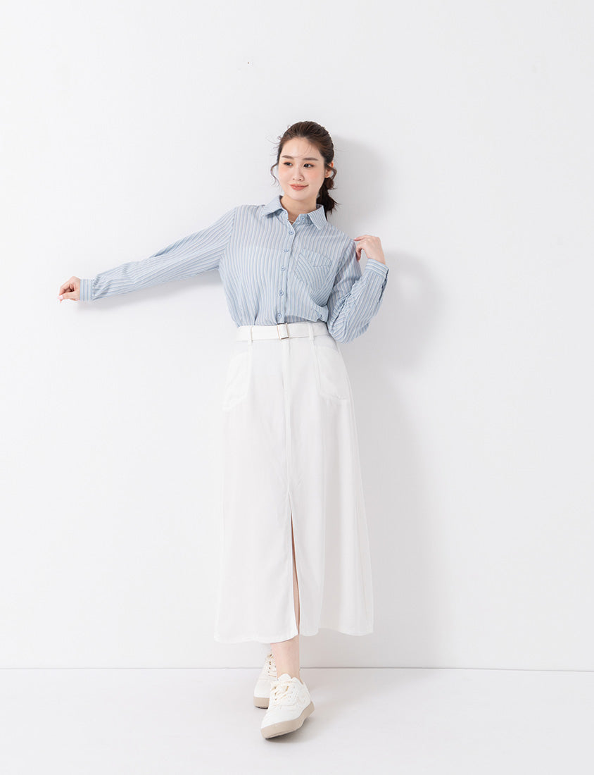 Contrast Stripe Long Sleeve Plus Size Shirt (With Shawl)